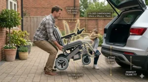 Graphic showing a lightweight small electric wheelchair being lifted into a car trunk.