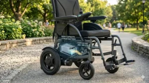 Illustration of a high-capacity lithium battery used in folding electric wheelchairs for extended travel range.