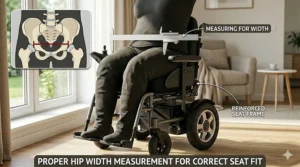 A technical illustration showing the proper way to measure hip width for a bariatric power wheelchair seat to ensure user comfort.