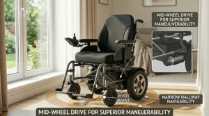 An overhead view demonstrating the tight turning radius and maneuverability of a mid-wheel drive bariatric wheelchair in a narrow space.