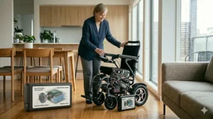 A small electric wheelchair for adults navigating through a narrow indoor doorway with ease.