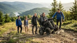 A group of people hiking on a forest trail with one person using a rugged power wheelchair all terrain.