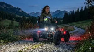 An outdoor power wheelchair equipped with high-visibility LED headlights and rear signals for safe nighttime use.