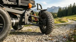 Diagram highlighting the independent suspension system of a power wheelchair for outdoor use to ensure a smooth ride on uneven pavement.