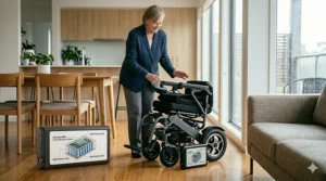 Infographic showing the long-range battery and power specifications of a small electric wheelchair for adults.