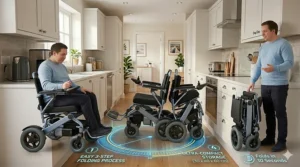 A diagram demonstrating how a small electric wheelchair for indoors folds for easy storage.