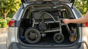 A lightweight yet heavy duty folding electric wheelchair being loaded into the trunk of a standard SUV.