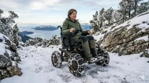 All-terrain 4-wheel drive wheelchair with specialized tires clearing a snowy sidewalk.
