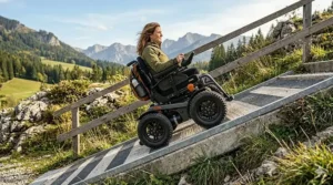 A side view of a motorized wheelchair demonstrating its ability to climb a steep outdoor ramp and handle inclines safely.