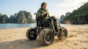 An outdoor 4-wheel drive wheelchair equipped with wide tires for beach accessibility.