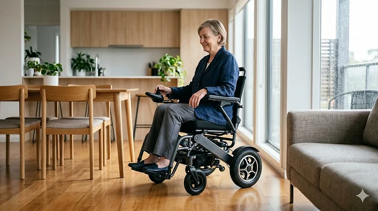 A small electric wheelchair for adults being used in a bright and modern home interior.