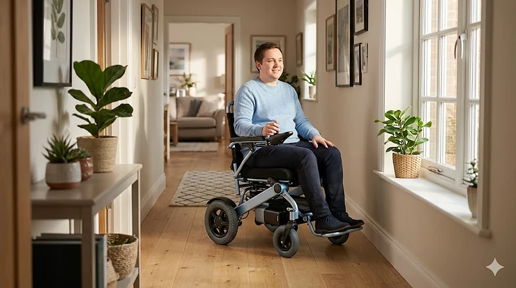 A compact and small electric wheelchair for indoors navigating a narrow hallway in a modern home.