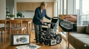 Close-up of the intuitive joystick controller on a small electric wheelchair for adults.