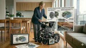 A small electric wheelchair for adults moving smoothly over an outdoor sidewalk with anti-tip wheels.