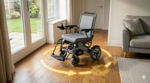 Illustration showing the tight turning radius of a small electric wheelchair in a narrow hallway.
