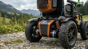 A durable power wheelchair for outdoor use featuring a protective shroud and water-resistant joystick controller.