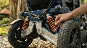 Illustration showing adjustable tension settings on the shock absorbers of a motorized wheelchair.
