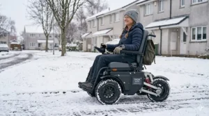 Illustration of a heavy-duty electric wheelchair driving through light snow on a suburban sidewalk.