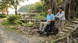Illustration of an electric wheelchair with suspension maintaining stability while driving over gravel and uneven terrain.