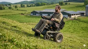 A photorealistic medium shot of a person using their heavy-duty electric all-terrain farm wheelchair to cross a steep, grassy pasture, demonstrating safety on challenging farm terrain.
