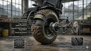 Diagram showing the puncture-resistant layers and aggressive tread pattern of tires for an all-terrain wheelchair.