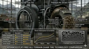 An all-terrain wheelchair easily navigating over loose gravel and a concrete curb using shock-absorbing tires.