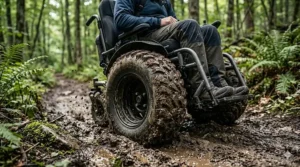 Illustration of wide, deep-tread tires for an all-terrain wheelchair clearing thick mud on an outdoor path.