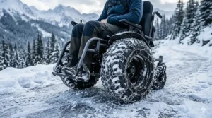 High-traction tires for an all-terrain wheelchair gripping a snow-covered sidewalk in winter.