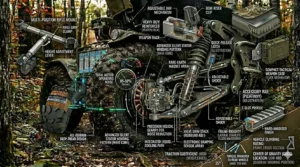 A high-detail 4K photorealistic technical illustration, building upon the context and components of image_14.png, displaying a multi-view layout set within the same dense, mossy, autumnal forest, with new inset illustrations displaying specific, additional technical cutaway views, such as a cutaway of the actual camouflage composite body panel material and a cross-section of a custom camouflage-patterned wheel rim and tire.