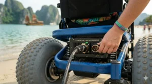 A diagram showing how to charge the lithium battery of an all-terrain electric wheelchair.