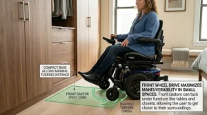 An informational graphic detailing the narrow width and overall dimensions of a front wheel drive wheelchair optimized for small spaces.