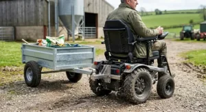 Illustration showing the width and turning radius of a farm wheelchair fitting through standard gate openings.