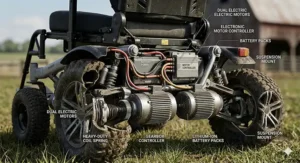 A high-definition technical cutaway illustration revealing the dual high-torque motors and internal components required for rugged farm terrain.
