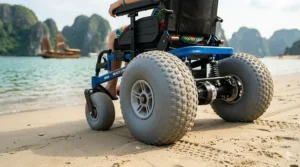 Close-up of large balloon tires on an electric beach wheelchair designed for soft sand.