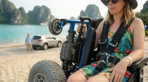 Illustration of the safety belt and anti-tip wheels on a heavy-duty electric beach wheelchair.
