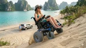An electric-powered beach wheelchair easily climbing a small sand dune incline.