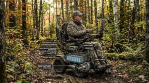 A photorealistic 4K detailed illustration of a man in full hunting camouflage in a dense moss-covered autumnal forest during the golden hour, showing a detailed cross-section of the complex electric drive and battery system in an exploded diagram format within the electric hunting wheelchair's base.
