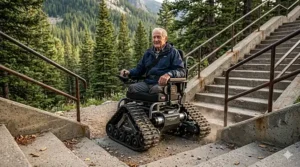 An electric track wheelchair demonstrating its ability to safely climb a set of concrete outdoor stairs.