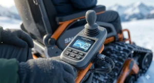 Detailed view of the ergonomic joystick and digital interface used to pilot a modern electric track wheelchair.