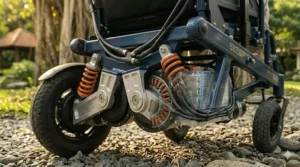 Illustration of a power wheelchair chassis showing how the suspension system protects the motors and batteries from heavy impacts.