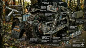 A 4K photorealistic technical illustration, building upon the context of image_10.png, depicting the entire vehicle from the rear three-quarter perspective, set in the same mossy autumnal forest, with all previously seen highly detailed component diagrams integrated into the single composition, along with a new, prominent technical cutaway and data overlay focused on the entire drivetrain, vehicle frame, and climbing performance metrics.