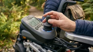 User-friendly 360-degree joystick controller on an affordable all terrain electric wheelchair model.