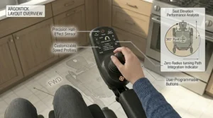 Detailed view of a wheelchair joystick controller optimized for precise indoor steering and speed control.