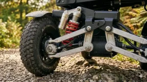 Diagram showing the dual suspension system of a budget-friendly all terrain power chair on uneven ground.