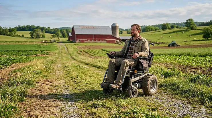 A person using a heavy-duty electric all-terrain farm wheelchair to navigate a grassy field near a barn. farm wheelchair electric all terrain