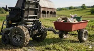 Technical drawing of an electric farm wheelchair equipped with a rear hitch for towing small garden trailers.