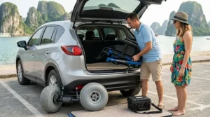 A compact, folding electric beach wheelchair being loaded into a car trunk for transport.