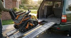 A compact electric track wheelchair being loaded into the back of an SUV using portable ramps.
