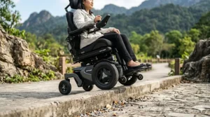 Close up diagram of a front wheel drive power chair using its large front wheels to pull itself safely over a concrete curb.