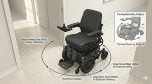 Illustration highlighting the tight turning radius of a front wheel drive wheelchair in a narrow hallway.